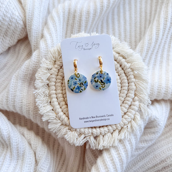 Winter Blues Floral| Dangle Earrings- Round Resin Gloss