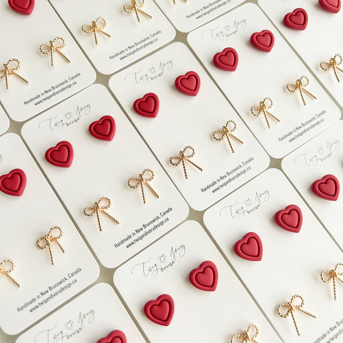 Gold/Clay Bow Heart Duo| Statement Stud Earrings Set