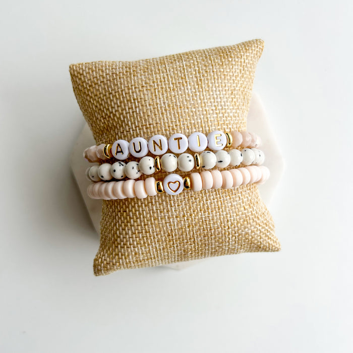 PRE-MADE “Auntie” Pink & White Speckled | Bracelet Stack