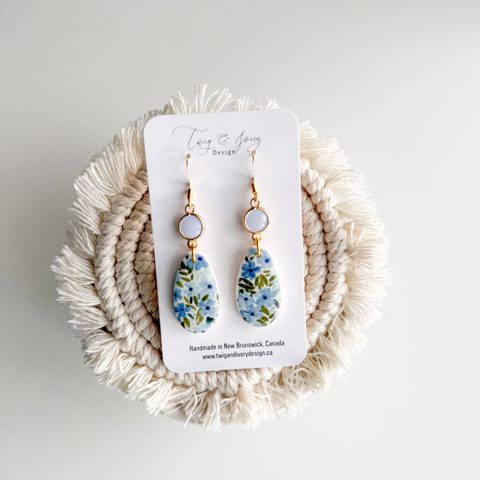Long Blossom Blues Dangle Earrings | Floral Resin Gloss