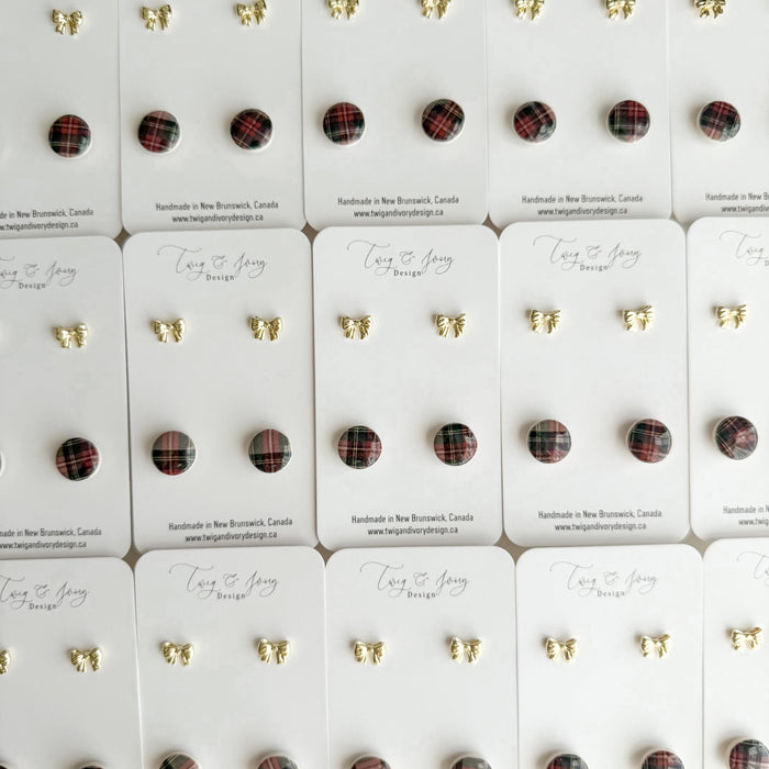 Plaid & Bow Duo| Statement Stud Earrings Set- Resin Gloss