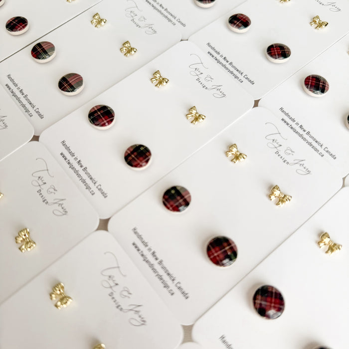 Plaid & Bow Duo| Statement Stud Earrings Set- Resin Gloss
