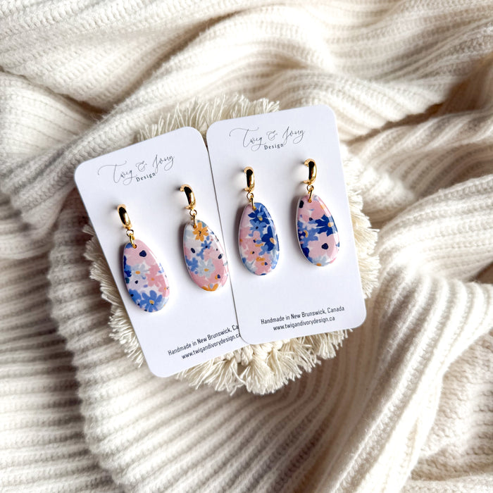 Lindsay Dangle Earrings | Blue & Pink Floral Resin Gloss