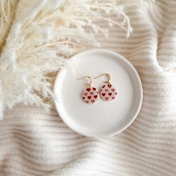 Love Struck- Pink/Red Hearts | Dangle Earrings- Round Resin Gloss