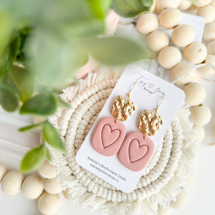Heart Dangle Earrings|  Baby Pink
